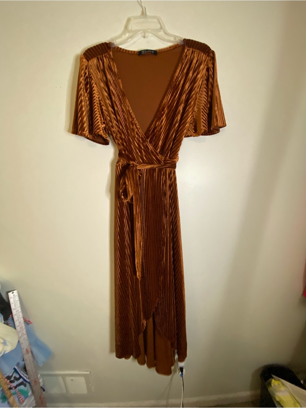 Simplee Apparel Copper Velvet High-Low Wrap Dress